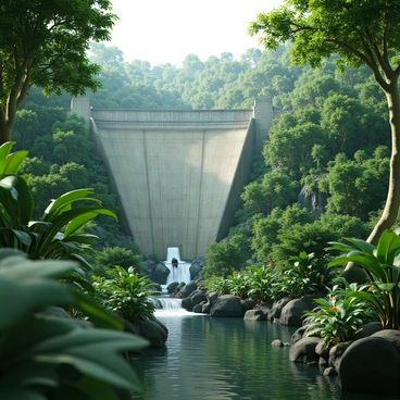 A large concrete dam with a sloping surface and spillway is situated within a lush, dense rainforest. The dam is surrounded by vibrant green foliage and tall trees, their leaves creating a thick canopy overhead. Various tropical plants with large leaves and colorful flowers grow at the base of the dam. In the foreground, a small river flows, reflecting the rich greenery around it. Birds can be seen flying among the branches, and small animals, like a monkey or a colorful parrot, are visible in the trees, adding to the lively atmosphere of the scene.
