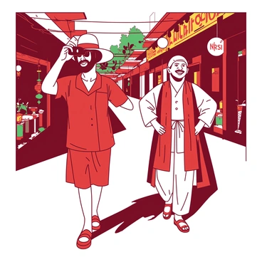 A red tourist wearing a sun hat holds a camera up to their face, capturing the moment. Just to the side, a white local man in traditional attire walks into the frame, smiling with hands on his hips. The background features a vibrant street filled with colorful shops and lively decorations. The sunlight casts distinct shadows, enhancing the details of both the tourist's and local's expressions. The scene captures the spontaneity of the moment, showcasing the interaction between the two individuals.