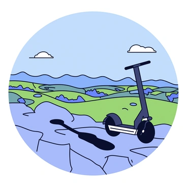 A Segway parked on a rocky mountain peak. The Segway is black and sleek, standing upright with its handlebars turned slightly to the side. In the background, a vast panoramic view reveals rolling hills and distant mountains under a clear blue sky. Patches of greenery are scattered throughout the rocky landscape, and a few fluffy clouds float above. The sunlight casts shadows on the rocks, emphasizing the rugged terrain.