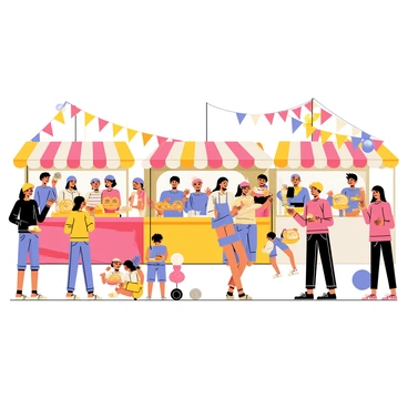 A street festival scene filled with colorful decorations like bright banners and balloons hanging overhead. There are several food stalls with striped canopies, each showcasing different types of food, such as large pretzels, cotton candy, and ice cream. Happy crowds of people are enjoying the festivities, some holding plates of food while chatting and laughing. Children are playing nearby, and a stage in the background features musicians performing lively music. The atmosphere is bustling with energy and excitement.