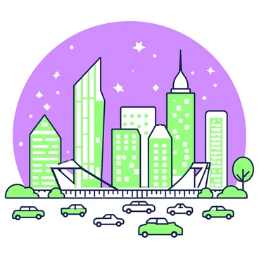 A bustling city skyline is displayed against a night sky. Tall buildings with various architectural designs dominate the scene, their windows illuminated with numerous lights. Some buildings have distinct shapes, such as angular forms and rounded tops. The foreground includes a silhouette of a bridge connecting two parts of the city, while below, the streets are filled with the outlines of cars moving in different directions. Above the skyline, a scattering of stars can be seen twinkling in the dark sky.