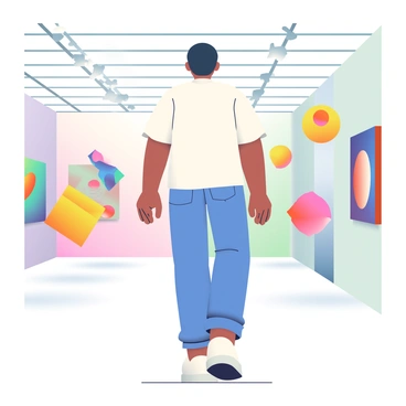 A 3D human figure with short black hair is walking through a digital art gallery. The figure is wearing a white shirt and blue jeans. The gallery is filled with vibrant floating 3D sculptures in various abstract shapes and colorful paintings displayed on the walls. Soft lighting illuminates the artworks, casting gentle shadows on the floor. The background features an open space with sleek, modern architecture, enhancing the contemporary feel of the gallery.