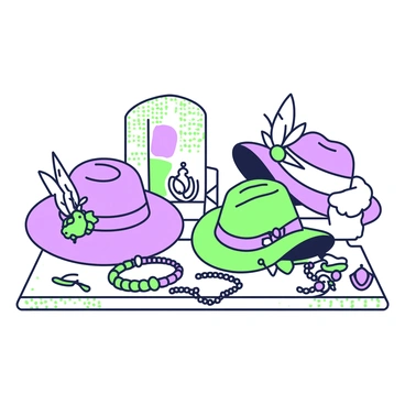 A collection of statement accessories is displayed on a table. There are several hats in different shapes, including a wide-brimmed hat and a stylish fedora. Each hat is adorned with unique embellishments such as feathers and ribbons. Alongside the hats, there are pieces of jewelry scattered across the table. These include chunky bracelets, bold necklaces, and oversized earrings with intricate designs. The table has a textured surface, and the accessories are arranged in a visually appealing manner, showcasing their vibrant details.