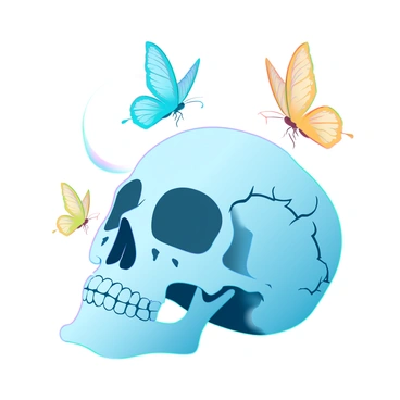 A detailed skull with intricate carvings and cracks, resting on a surface. Delicate butterflies in various colors, such as blue, yellow, and orange, are fluttering around the skull. The butterflies have translucent wings with intricate patterns. Soft, diffused light highlights the textures of the skull and the delicate nature of the butterflies as they move gracefully through the air.