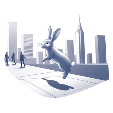 A rabbit with long ears and fluffy fur is playfully jumping across a city sidewalk. Its body is mid-air, showcasing its agile motion. In the background, towering skyscrapers rise into the sky, casting shadows onto the sidewalk. The setting features a typical urban environment, with a few scattered pedestrians observing the lively scene. The contrast between the playful rabbit and the surrounding architectural structures creates a dynamic visual.