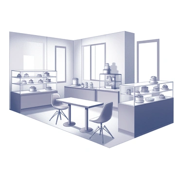 An interior of a cake shop with a minimalist design. The space features sleek lines and a clean layout, showcasing display cases with an array of beautifully crafted cakes. The walls are bare, providing a backdrop for the cakes, while the furniture includes simple, modern chairs and tables arranged in an organized manner. Natural light streams through large windows, illuminating the shop's interior. The overall atmosphere conveys a focus on elegance and simplicity in the presentation of the baked goods.