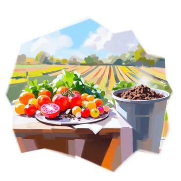 An artistic depiction showcasing the food cycle from farm to table to compost and back to the farm. The scene begins with a vibrant farm landscape, featuring rows of crops, green fields, and a blue sky. In the foreground, a wooden table is set with a variety of fresh produce, including ripe tomatoes, leafy greens, and bright fruits. Adjacent to the table is a compost bin, overflowing with organic waste like vegetable scraps and coffee grounds, with small creatures like worms and insects visibly thriving within it. In the background, illustrate the soil being enriched with compost as it returns to the farm, highlighting the cycle of growth and renewal.