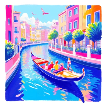 A gondola is gliding smoothly along an urban river. The scene captures a vibrant city skyline in the background, with tall buildings reflecting sunlight. Lush greenery lines the banks of the river, providing a contrast to the concrete structures. Passengers in the gondola are enjoying the ride, taking in the view. The river water is clear, with small ripples gently forming around the gondola. A few birds are flying overhead, adding life to the scene.