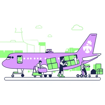 An airplane is parked on the tarmac at an airport, with a clear view of its fuselage and wings. Workers are actively loading packages onto the aircraft. One worker is standing on a platform using a hand truck to move large, green boxes towards the airplane’s cargo door. Two other workers are seen securing packages inside the cargo hold. In the background, various airport vehicles such as baggage carts and fuel trucks are visible, along with a terminal building. The sky is bright and clear, adding to the hustle of the airport scene.