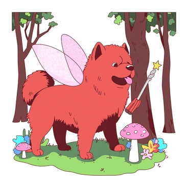 A red chow chow is wearing a sparkly fairy costume complete with delicate, translucent wings that shimmer in the light. The dog is standing on a patch of soft, green grass surrounded by colorful, oversized mushrooms and vibrant flowers. In its right paw, the chow chow is holding a small, silver magic wand with a star at the tip. The background features tall trees with twisting branches and dappled sunlight filtering through the leaves, creating a whimsical atmosphere. The chow chow's fluffy fur contrasts beautifully with the bright colors of the forest.