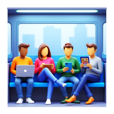 A group of tech-savvy commuters inside a modern metro train. One individual is focused on a sleek laptop, with the screen displaying graphics and data. Another person is engaged with a smartphone, scrolling through an app with bright icons. A third commuter uses a tablet with a stylus, taking notes on a digital document. The interior of the train features soft LED lighting, comfortable seating, and large windows showing blurred city scenery outside. Each commuter is dressed in casual, contemporary clothing, emphasizing a busy and connected lifestyle.
