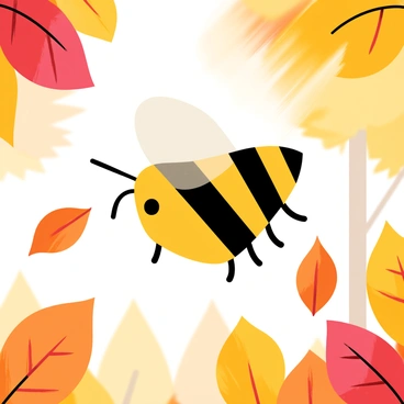 A carpenter bee with glossy black and yellow stripes is flying through the air. The scene is filled with various autumn leaves, including red, orange, and yellow, gently falling around the bee. Sunlight filters through the leaves, creating dappled light effects. The background shows a blurred representation of trees with colorful foliage, enhancing the feeling of autumn.