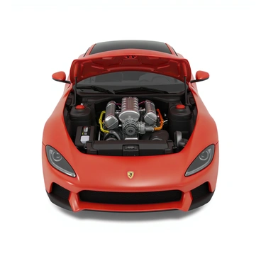 A sleek sports car in a vibrant red color, positioned in a 3D view with its hood fully open. The engine is prominently displayed, showcasing intricate components such as the polished metal engine block, colorful wires, and various mechanical parts that are precisely arranged. The interior of the engine bay is visible, featuring details such as the air intake, fuel lines, and a battery with visible labels and connections. The car's shiny body reflects light and highlights its aerodynamic curves. The background is neutral to emphasize the car and its engine details.