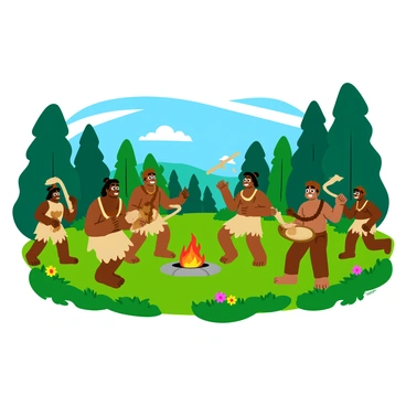 A group of cavemen dressed in animal skins is gathered in a lush green clearing. They are joyfully participating in a festival, with some drumming on large, handmade drums made from hollowed logs and animal hides. Others are dancing energetically around a central fire, their movements reflecting excitement and celebration. The background is filled with tall trees and colorful wildflowers adding vibrancy to the scene. The atmosphere is filled with laughter and the rhythmic sounds of drums, creating a lively and festive mood.