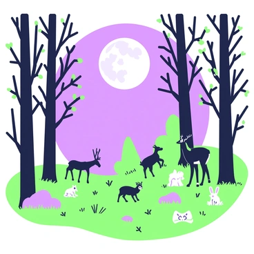 A forest scene is illuminated by a full moon. The moonlight creates distinct shadows on the ground, highlighting the textures of fallen leaves and tree bark. Tall trees with intricate branches stretch towards the night sky, their silhouettes contrasting against the bright moon. In the foreground, a small clearing reveals patches of grass and scattered stones. The atmosphere is calm, with a few small animals, such as a deer and a rabbit, visible among the foliage.