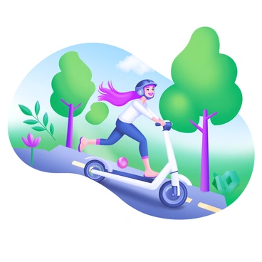 A young woman with long, flowing hair is riding an electric scooter along a tree-lined street. The street is adorned with tall, lush green trees, casting dappled sunlight on the pavement. She is wearing a stylish helmet and a casual outfit, with a joyful expression. The background features various plants and a clear blue sky, enhancing the vibrant, lively atmosphere of the scene.