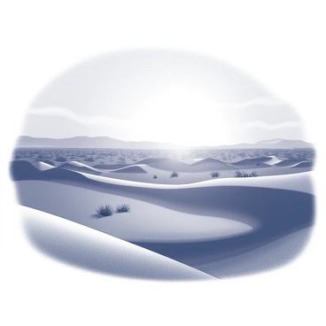 A vast desert landscape with rolling sand dunes stretching across the foreground. The dunes have soft, gently curving shapes that reflect the undulating terrain. In the background, the sun is rising on the horizon, casting long shadows and illuminating the scene with dramatic light. The sky above gradually transitions from dark to lighter shades as dawn breaks, creating a sense of depth and isolation in the barren environment. Sparse vegetation is visible in the distance, with a few resilient plants dotting the arid expanse.