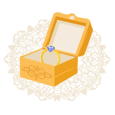An open antique ring box revealing a sparkling engagement ring on a lace background