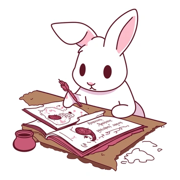 A white rabbit with large, expressive eyes is sitting at a wooden table, focused on writing in an ornate manuscript. The rabbit is holding a delicate quill pen in its right paw, while its left paw rests gently on the page, guiding the ink. The manuscript is open, revealing intricate illustrations and elegant script. Soft light illuminates the scene, highlighting the rabbit's fur and the fine details of the manuscript. A small inkpot is placed beside the rabbit, with a few scattered parchment sheets around the edges of the table.