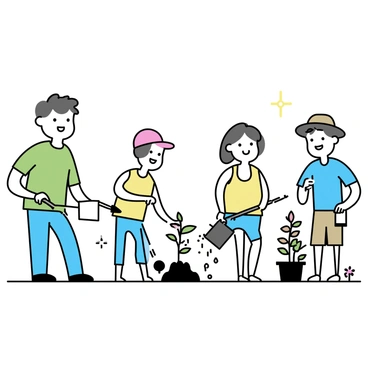 A group of four friends are in a community park, working together to plant new trees. One friend, wearing a green t-shirt and blue jeans, is digging a hole in the ground with a shovel. Another friend, dressed in a red cap and a yellow tank top, is holding a young sapling ready to be placed in the hole. A third friend, wearing gloves and a blue shirt, is pouring water from a small bucket onto the roots of the sapling. The last friend, in a brown hat and cargo shorts, is standing nearby, holding a trowel and encouraging the others with a smile. The scene is set in a well-maintained park with grass and a few scattered flowers.