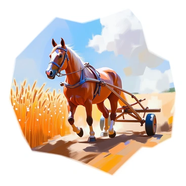 A strong horse with a glossy chestnut coat is pulling a wooden plow through a golden harvest field. The horse is straining against the harness, muscles defined and glistening in the sunlight. Golden stalks of wheat sway gently in the breeze around the plow, creating a vibrant contrast with the rich brown soil being turned over. In the background, a clear blue sky stretches overhead, dotted with a few fluffy white clouds. The scene captures the essence of hard work and the agricultural landscape.