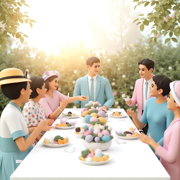 A group of people, wearing bright Easter outfits, is gathered at a beautifully decorated garden brunch. Several women are dressed in colorful floral dresses, with hats adorned with ribbons and flowers. Men are sporting vibrant pastel suits and ties. Tables are set with white tablecloths and are adorned with centerpieces of blooming flowers and Easter-themed decorations. There are plates of food, including colorful desserts and fruit arrangements. Laughter and conversation fill the air as the sun shines down, casting a warm glow over the joyful gathering.