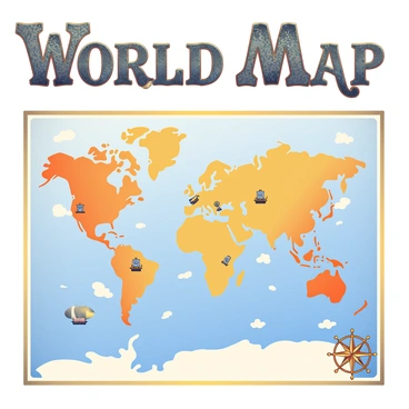 A large, intricately detailed world map is presented in a steampunk aesthetic. The map features various landmasses in earthy tones, with gears and cogs subtly integrated into the design around the edges. The ocean areas are filled with swirling patterns resembling steam and smoke, giving a dynamic feel to the illustration. A compass rose with ornate detailing is located in the bottom right corner, surrounded by small illustrations of airships and steam-powered machines. The title "World Map" is prominently displayed at the top in an industrial-inspired illustration font, featuring metallic textures and complex embellishments. The overall effect is a blend of vintage exploration and mechanical craftsmanship.