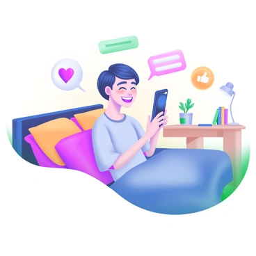 A teenager sitting on their bed with a joyful expression, engaged in texting friends on a smartphone. The teenager has short hair and is wearing comfortable pajamas. The bed is neatly made with colorful pillows and a soft blanket. Floating around the teenager are various social media icons, including a heart, a thumbs up, and a speech bubble, creating a lively atmosphere. The room has a warm ambiance with a desk in the background holding a small plant and some books.