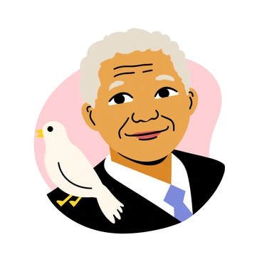 A portrait of "Nelson Mandela" with a gentle expression on his face. He has a light gray beard and is wearing a dark suit with a white shirt. Perched on his shoulder is a white dove, embodying peace. The background features soft colors that complement Mandela's image. His eyes convey warmth and wisdom, while the dove appears calm and serene. The overall composition highlights the connection between Mandela and the symbol of peace.
