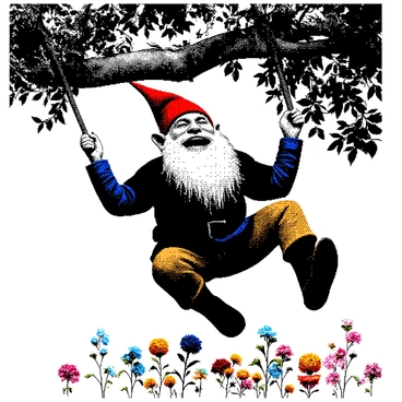 A gnome with a long white beard is swinging joyfully from a tree branch. His red hat is tilted back, and he has a wide smile on his face. The gnome's attire consists of a blue tunic and brown trousers. Below him, a variety of blooming flowers in different shapes and sizes are scattered across the ground. The tree branch is sturdy and textured, and the surrounding foliage is lush and detailed, creating a vibrant scene filled with life.