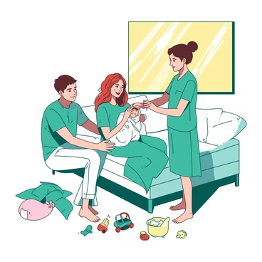 A teal midwife is standing next to a cozy white sofa, observing a family bonding with their new baby. The mother is cradling the tiny baby wrapped in a soft white blanket, while the father is gently touching the baby's head. The room is filled with warm sunlight streaming through a window, illuminating the happy faces of the family. Various baby toys are scattered on the floor, complementing the atmosphere of joy and love in the home.