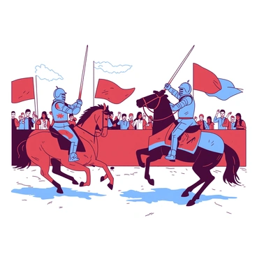 A duotone illustration features a jousting tournament scene. Two armored knights are on horseback, charging towards each other with lances raised. Colorful banners in red and blue are waving in the background, adorned with various crests. A cheering crowd surrounds the tournament area, with spectators in vibrant clothing, some holding flags and others clapping. The ground is a mix of dirt and grass, and the sky above is bright, adding to the lively atmosphere of the event.