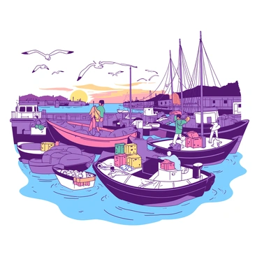 A duotone illustration features a bustling harbor filled with numerous fishing boats bobbing gently on the water. The boats are painted in various shades, showcasing their colorful designs. Dock workers are busy loading crates of fresh fish onto the boats, while seagulls soar overhead. In the background, there are tall masts of boats lining the quay, with ropes and nets hanging down from them. The sun sets in the distance, casting a warm glow over the scene as the boats prepare to set sail into the open sea.