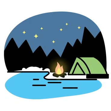 A campfire, with bright orange and yellow flames, is glowing beside a river that reflects the light. The river has gentle ripples, and the environment is dimly lit as dusk settles in. A tent, with a green exterior, is pitched nearby, nestled among the surrounding nature. Above, the sky is filled with stars, showcasing a clear view of the night, with a few stars twinkling. The scene captures the tranquility of the outdoors, with the campfire providing warmth and light against the darkening backdrop.