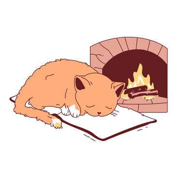 A small orange kitten is curled up asleep with its eyes closed, lying comfortably on a soft white rug. The kitten's fur is fluffy, and its tiny paws are tucked beneath its body. Next to the kitten, there is a glowing fireplace with flickering flames, casting a warm orange light that illuminates the surrounding area. The fireplace is made of rustic stone, and there are a few small logs burning brightly inside. In the background, the cozy room is softly lit, enhancing the serene atmosphere of the scene.
