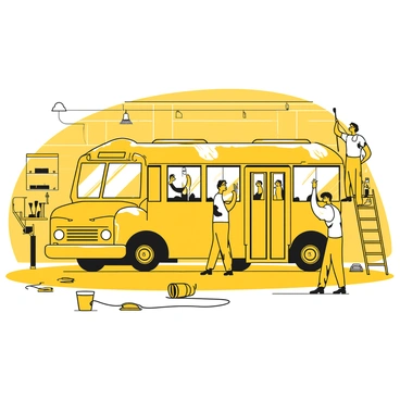 A team of three workers actively cleaning the exterior of a bus inside a spacious garage. One worker is using a large spray nozzle to apply soap to the side of the bus, while another is wiping down the windows with a cloth. The third worker is standing on a ladder, scrubbing the roof of the bus with a long brush. Various cleaning supplies, including buckets, brushes, and a hose, are scattered around the garage floor. The bus is prominently positioned in the center of the garage, with tools and equipment organized neatly along the walls.