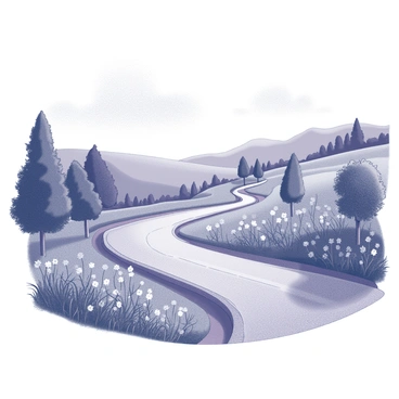 A winding road paved with "amethyst stones" curves gracefully through a "lush countryside." The road is bordered by "dense greenery" on either side, with various trees providing shade. "Wildflowers" of differing shapes and sizes dot the landscape, adding texture to the scene. In the distance, gentle hills rise, creating a soft horizon line against the sky. "Fluffy clouds" drift above, casting subtle shadows on the ground below. The overall composition emphasizes the tranquil journey through this picturesque setting.