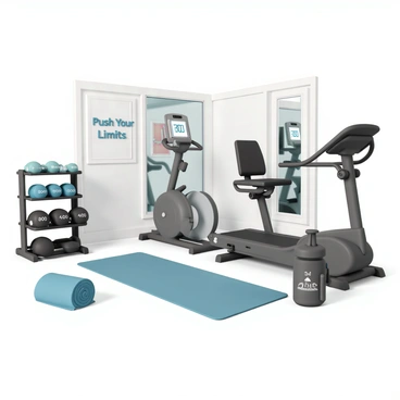 A spacious home gym featuring a variety of exercise equipment. In the center, a stationary bike is prominently displayed, with a digital screen showing "300 calories". To the left, a set of dumbbells sits neatly on a rack, each one labeled with "200 calories". Next to the dumbbells, there is a treadmill with a bright red display indicating "400 calories". A yoga mat is rolled out on the floor, paired with a water bottle marked with "100 calories". The walls are mirrored, reflecting the vibrant energy of the gym, while a motivational poster hangs in the background with the words "Push Your Limits".