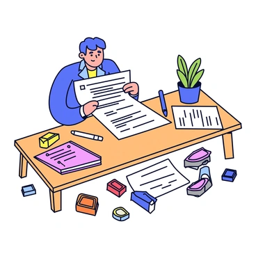A broker sits at a wooden desk cluttered with various transport documents, papers, and stamps. The broker is focused on reviewing a large document with detailed text and illustrations. Scattered around the desk are several colorful stamps, some inked, and others ready to be used. A few paper clips hold different documents together, while a pen lies next to a notepad filled with handwritten notes. In the background, there is a small potted plant adding a touch of green to the workspace.