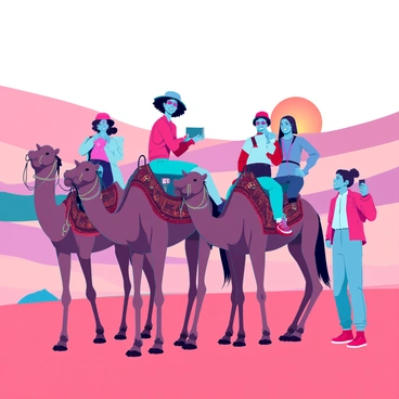 A diverse group of tourists wearing light, breathable clothing, sunglasses, and hats is enjoying a desert safari. They are sitting on camels, which have patterned saddles and decorative reins. The scene features large, rolling sand dunes in the background, with the sun setting on the horizon, casting warm hues of orange and gold across the landscape. Some tourists are taking pictures, while others are laughing and chatting, creating a lively atmosphere in the vast desert.