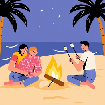 Two couples sitting on a sandy beach enjoying a romantic evening by a bonfire. The bonfire burns brightly, casting warm orange and yellow light that dances across their faces. One couple is cuddled closely together, with a plaid blanket draped over them, while the other couple is roasting marshmallows on long skewers. The waves gently lap at the shore in the background, and a few palm trees sway softly in the breeze. Stars twinkle in the night sky above, adding to the magical atmosphere of the scene.
