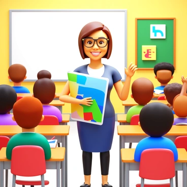A teacher with short brown hair, wearing glasses, is smiling while standing in a bright classroom. The teacher is holding colorful lesson plans in one hand. Around the teacher, several engaged students of diverse backgrounds are seated at their desks, listening attentively. Some students are raising their hands, while others are taking notes. The classroom is decorated with educational posters and colorful artwork, enhancing the lively atmosphere.