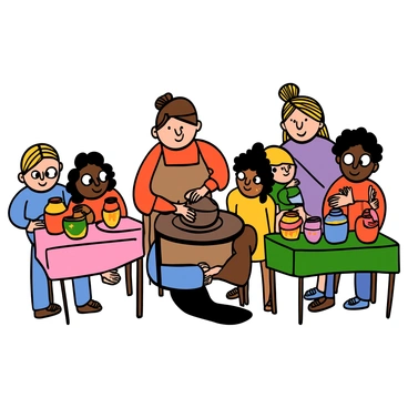 An artisan with light skin, wearing a beige apron, is focused on shaping a piece of clay on a potter's wheel. The artisan has short brown hair and is working diligently as visitors gather around, displaying expressions of curiosity. There are a few children with big eyes watching closely; one has curly hair and is wearing a red shirt, while another has straight hair and is wearing a yellow dress. Colorful pottery pieces are displayed on tables nearby, showcasing various shapes and designs. The setting is lively, with a bright atmosphere filled with the excitement of the craft fair.