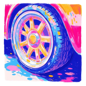 A close-up view of a car wheel is presented, focusing on the tire with a textured surface. The tire features deep treads, and raindrops are scattered across it, glistening in the light. The rims of the wheel are shiny and metallic, showing intricate designs. The background is slightly blurred, highlighting the details of the tire and the droplets resting on it.