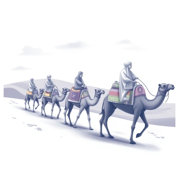 A group of nomads traversing a vast desert landscape. The caravan consists of several camels, each adorned with colorful saddlebags and decorative fabrics. The nomads are dressed in flowing garments, wearing headscarves and turbans to shield themselves from the sun. In the background, there are large sand dunes gently undulating against the horizon. A clear sky fills the top of the image, with a few scattered clouds. The footprints of the camels are visible in the fine sand, emphasizing the movement across the desert.