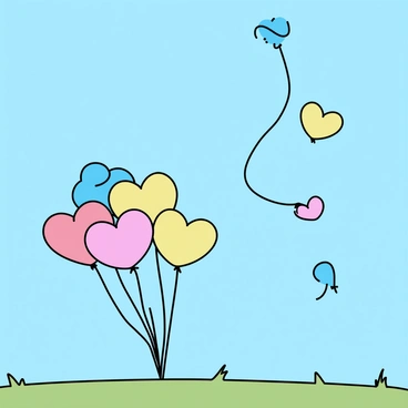 A clear blue sky filled with colorful heart-shaped balloons, each balloon showcasing a different vibrant hue such as red, pink, yellow, and blue. The balloons are floating gracefully above a grassy field, creating a lively scene. In the foreground, a cluster of balloons is tethered to white strings, while others rise freely into the air. The sunlight casts gentle shadows on the ground, contrasting with the bright colors of the balloons above.