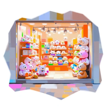 A colorful toy store filled with a variety of playful stuffed animals. The walls are lined with hooks, each displaying different plush toys such as teddy bears, bunnies, and whimsical creatures. Brightly colored shelves are filled with games and books, adding to the lively atmosphere. The floor is covered with a soft carpet, inviting children to sit and play. A cheerful window display showcases some of the most popular toys, drawing in passersby.