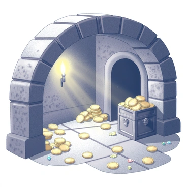 A hidden treasure room with an arched stone ceiling. The floor is strewn with numerous gold coins, each reflecting the light subtly. Piles of glittering jewels in various shapes and sizes are scattered around, some nestled in ornate wooden chests. Cobwebs cling to the corners of the room, indicating its long abandonment. The walls are rough-hewn stone, with faint hints of ancient markings. A faint glow emanates from a solitary torch mounted on one wall, adding a mysterious ambiance to the scene.