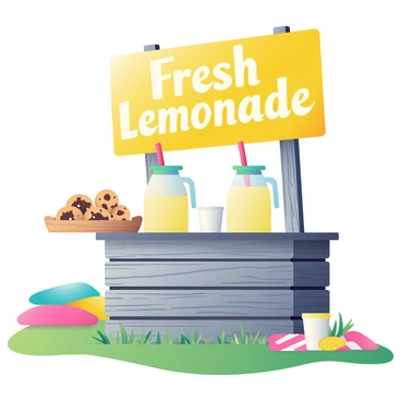A lemonade stand made of weathered wood is set up in a sunlit park. The stand features a large bright yellow sign that reads "Fresh Lemonade" in cheerful lettering. Next to the lemonade pitchers, there is a wooden tray filled with freshly baked cookies, showcasing a variety of flavors including chocolate chip, oatmeal raisin, and peanut butter. The cookies are arranged neatly, some with chocolate drizzles on top. A few empty paper cups sit next to the lemonade pitchers, ready for customers. In the background, a green grassy area and a few colorful picnic blankets can be seen, adding to the lively atmosphere.