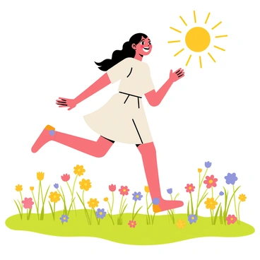 A girl with long, flowing hair is running through a vibrant field of wildflowers. Her arms are outstretched wide with a joyful expression on her face, showcasing bright, cheerful features. The wildflowers are a mix of colors, including yellow, pink, and purple, creating a colorful carpet across the green grass. The sun is shining brightly, illuminating her figure and adding warmth to the scene. The girl's dress is light and airy, flowing around her as she runs.